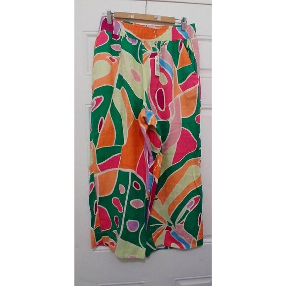 Max studio women large wide leg linen pink green pants $195 lagenlook 32 waist - Picture 1 of 7